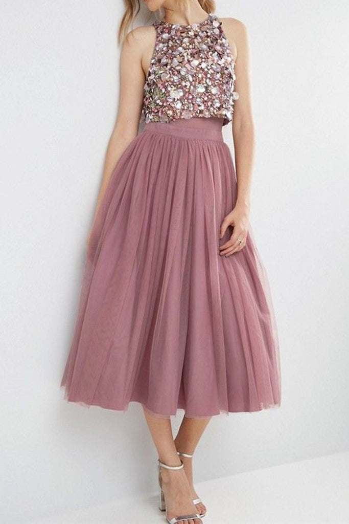 MACloth Two Piece Sequined Tulle Midi ...